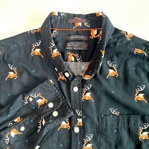 Denim & Flower Flying Reindeer Caribou Cotton Long Sleeve Button up Shirt Men XL